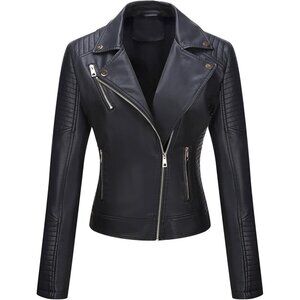 Women's Black Faux Leather Quilted Shoulders & Zipper Classic Biker Jacket